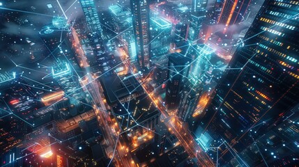 Fototapeta premium Cityscape ablaze with neon lights and digital connections.