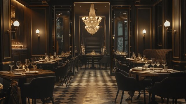 Classic restaurant interior featuring a checkered floor and a luxurious chandelier hanging from the ceiling.