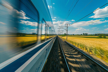 A high-speed train in motion reflected on its own window while traveling through vibrant yellow fields under a blue sky