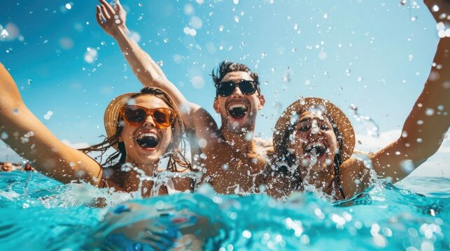 Friends laughing and splashing together in a pool or on the beach, capturing joyful summer moments