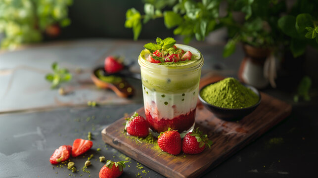 Iced strawberry matcha latte with fresh strawberries on the side and green powder next to it