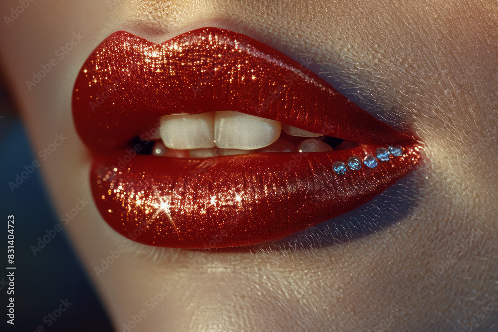 Poster glossy red lips with sparkling diamonds embedded in the lipstick,