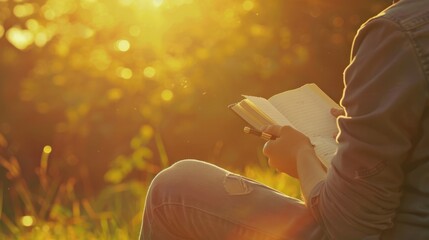 Enjoying sunny days with a book or diary, person immersed in reading or writing thoughts