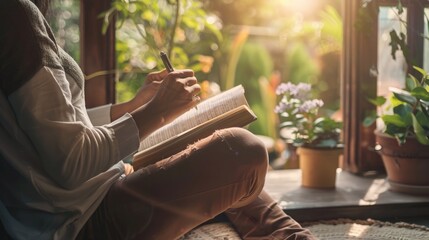 Person basking in the sun, reading a book or writing in a diary, capturing tranquil moments