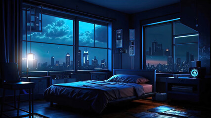 dark bedroom at night, there is a nightstand next to the bed, a starry night outside the window