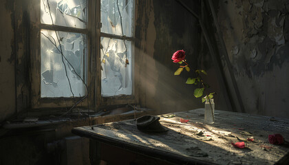rose on an old dirty window sill in an abandoned house
