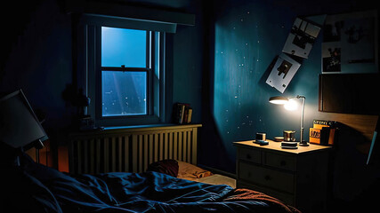 dark bedroom at night, there is a nightstand next to the bed, a starry night outside the window