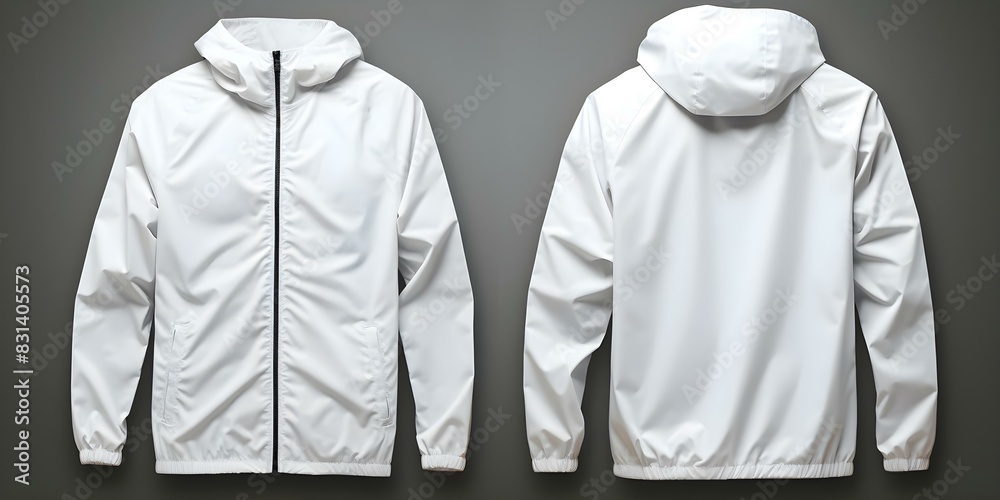 Wall mural White Windbreaker Jacket Front and Back View Mockup with Blank Design Template. Concept Mockup, Windbreaker Jacket, White, Front and Back View, Blank Design Template