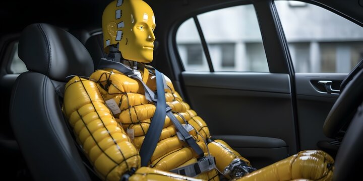 Scared crash test dummy in car during safety technology test. Concept Car Safety Tests, Crash Test Dummies, Vehicle Safety Technology, Impact Protection, Test Simulation
