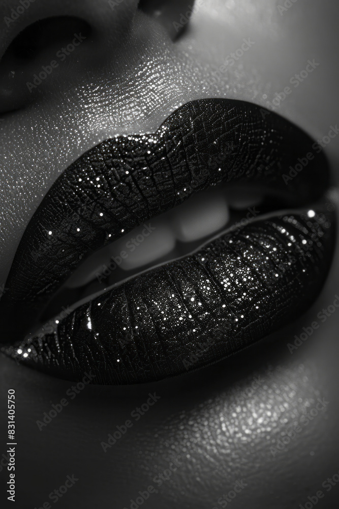 Poster lips with a matte black finish and a single shining gem,