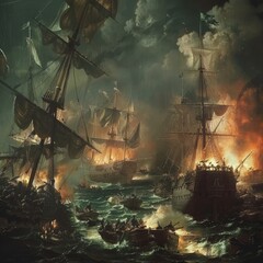 Seventeenth Century Naval Battle at Dusk