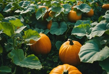 AI generated illustration of pumpkins growing on lush green field