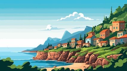 Breathtaking Landscape of a Quiet Village Overlooking the Sea, Rendered in Detailed Vector Art
