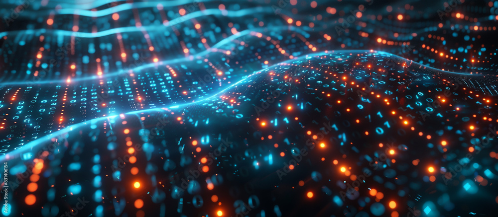 Fototapete A futuristic digital landscape featuring an intricate web of glowing neural networks interconnected with streams of binary code flowing seamlessly through the matrix