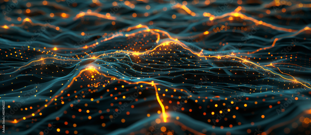 Poster a futuristic digital landscape featuring an intricate web of glowing neural networks interconnected 