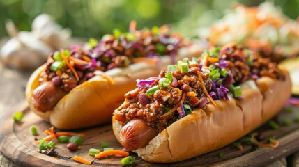 Vegan Chili Carrot Dogs Topped with Pecan Chili and Coleslaw for Juneteenth