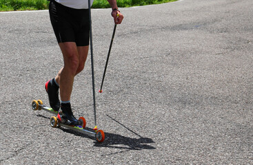 adult skier with ski Roller on asphalt road and poles for training during summer