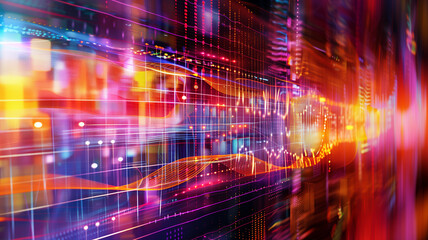Obraz premium A vibrant digital background showcasing the synergy between audio and visual data, with colorful sound waves and digital visual effects merging seamlessly across the canvas