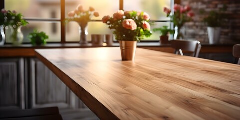 Flexible and visually appealing wooden table with blurred kitchen background. Concept Wooden Table, Kitchen Background, Interior Design, Visual Appeal, Flexibility