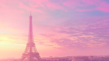 Eiffel Tower at Sunset With Vibrant Pink and Purple Sky in Paris, France
