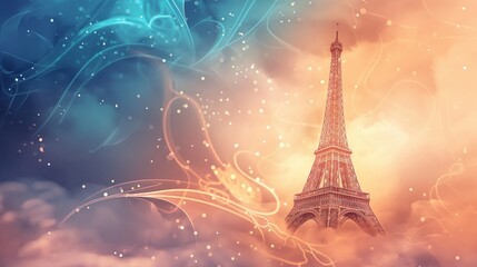 Eiffel Tower Surrounded by Colorful Swirls in a Magical Evening Sky