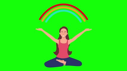 Cartoon animation of a beautiful woman doing yoga, emitting a rainbow above her head, for wellness content, fitness promotions, and mindfulness designs, symbolizes harmony and positive energy