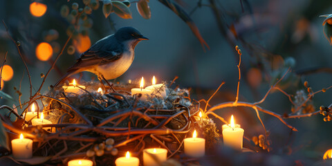 A bird stands on a nest surrounded by lit candles and moss