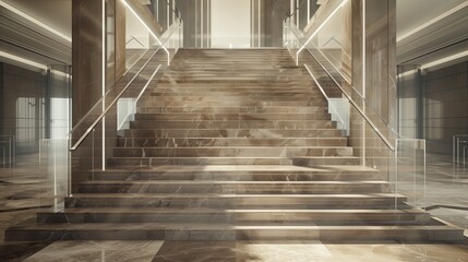 A grand staircase with a timeless, marble finish and a modern, minimalist glass balustrade