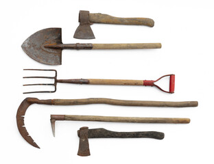 old garden tools, shovel, pitchfork isolated on white background