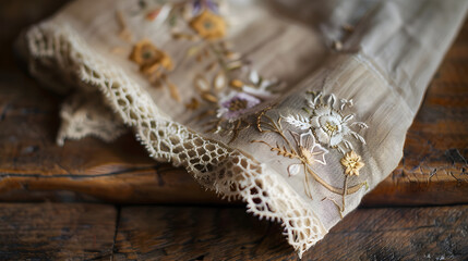 Intricately Embroidered Handkerchief on Rustic Wooden Table Enhancing Timeless Elegance and Traditional Craftsmanship