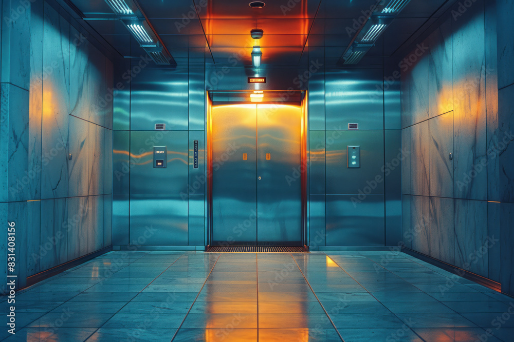 Poster an elevator with a digital floor display that changes dynamically as it moves,