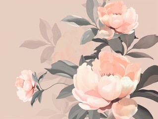Elegant Pink and Peach Peonies in Botanical Painting on Neutral Background