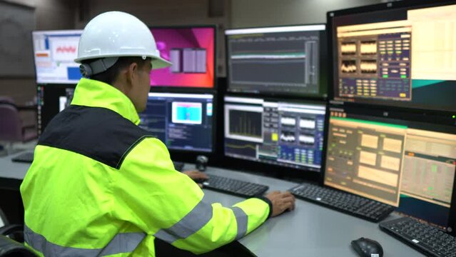 Engineer working in a control room,programming to manage industrial machines,monitoring multiple screens,efficient workflow