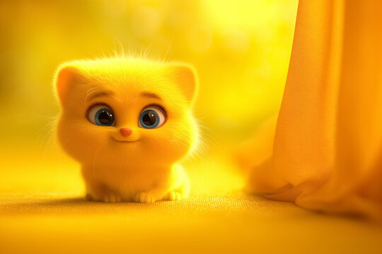 Adorable yellow fluffy kitten smiling on yellow background.  Lovable kitten that looks like a cute yellow chick.