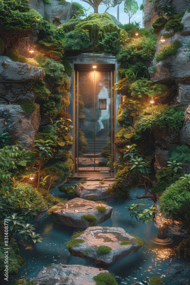Leinwandbilder An elevator in a surreal landscape with floating islands and twisting pathways,