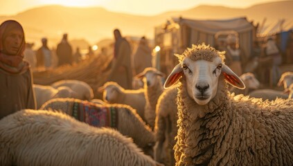 Fototapeta premium At sunset, the animal market comes alive with the presence of sheeps and shepherds.