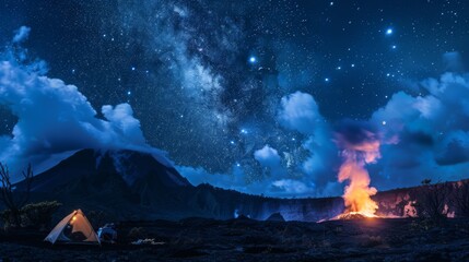 Adventurous travelers camping near an active volcano, witnessing the spectacle of an erupting crater against a backdrop of starry skies