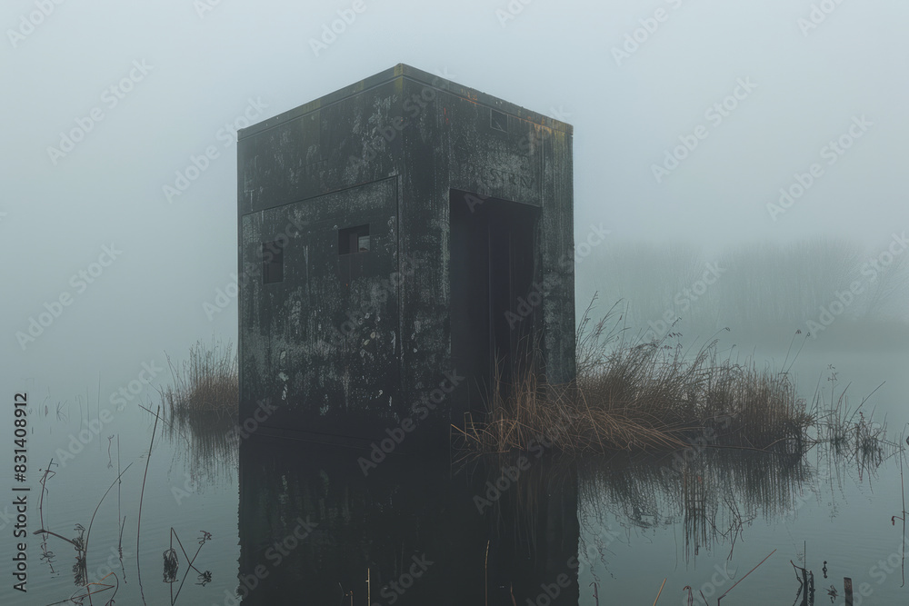 Poster an elevator rising from a fog-covered lake, creating a mysterious and eerie scene,