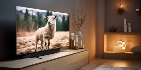 Sheep in living room watching TV symbolizing media manipulation and censorship. Concept Symbolism,...