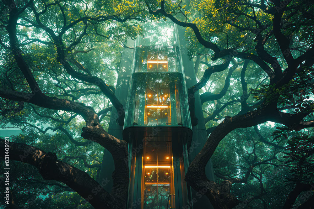 Poster a transparent elevator rising through the branches of a giant ancient tree,