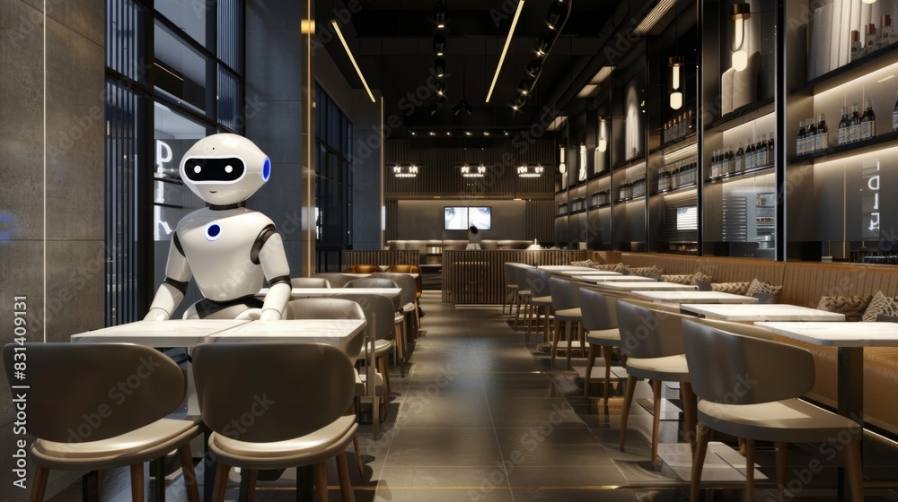 Poster a robot is seated at a table in a restaurant, waiting for its order.