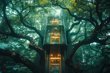 A transparent elevator rising through the branches of a giant ancient tree,