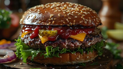 Classic Burger with Vibrant Condiments Exuding Tempting Flavors