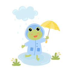 Cute smiling frog in a raincoat with umbrella in nature. Funny green frog character in a rain. Vector illustration in flat style on white background.