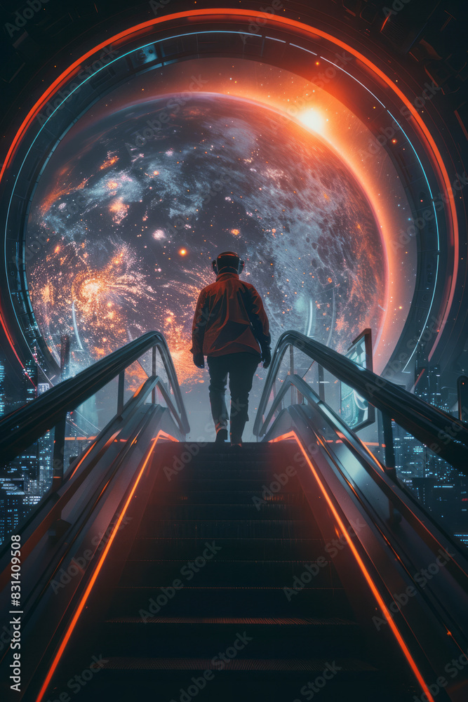 Poster Passengers exiting an elevator into a futuristic space station orbiting a distant planet,