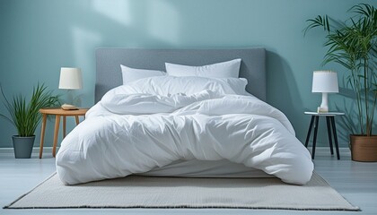 A neatly folded white duvet lies on a white bed, a simple yet elegant statement of comfort and style.