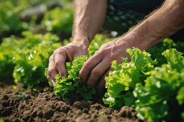 Close up of hands planting lettuce in vegetable garden, sunny day.