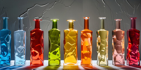 Colorful Glass Bottles Realistic 3d Illustration Render on Gradient Background Color bottles with wine, vodka and drinks.