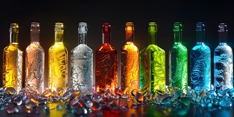 Icy brilliance enhances the allure of vibrant cocktail A vibrant collection of multi colored bottles filled with refreshing liquid Large group of objects in a winery .
