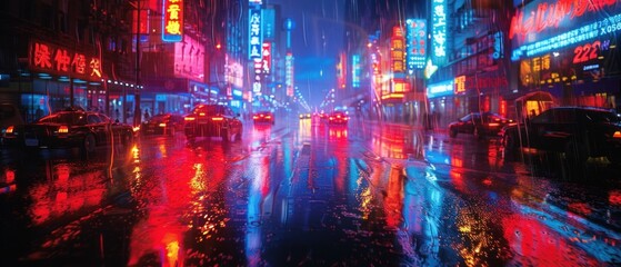 Fototapeta premium The urban landscape glowed with an electric vitality as neon signs flickered to life, casting a kaleidoscope of colors onto rain-slicked streets